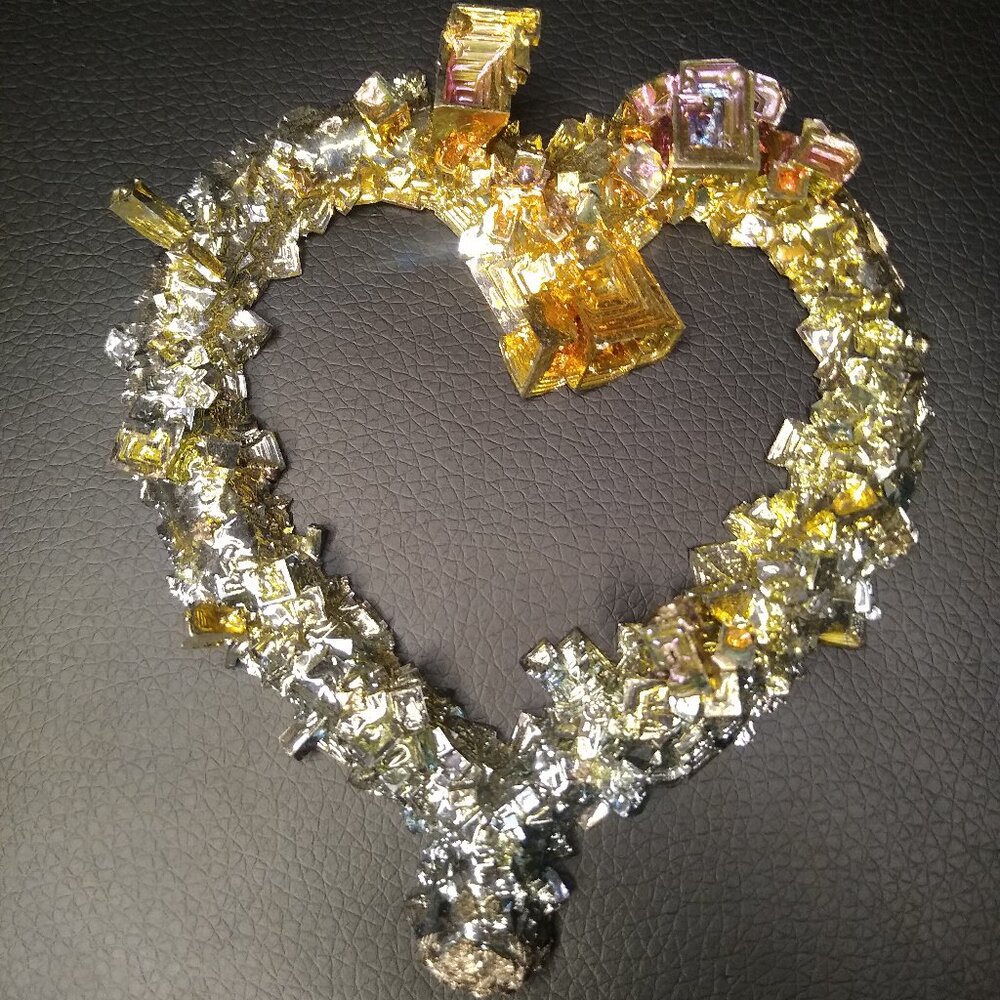 Heart-shaped sculpture made from Bismuth Crystals